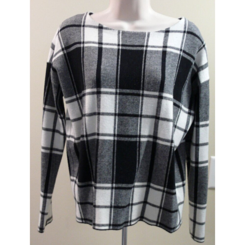 Tahari black white Plaid round Neck long sleeve Pullover Sweater stretch Size L